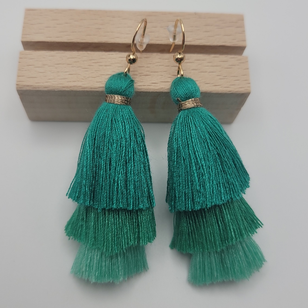 Green Tiered Tassle Earrings - Picture 3 of 4